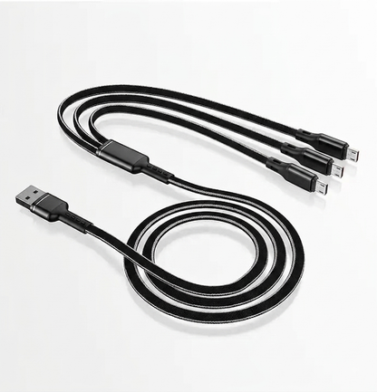 Черен плетен 3 в 1 USB кабел за зареждане на до 3 батерии за дрон, разгънат